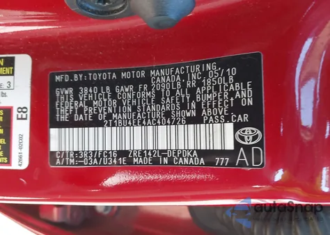 2010 Toyota Corolla Le from USA, damaged, VIN 2T1BU4EE4AC404726